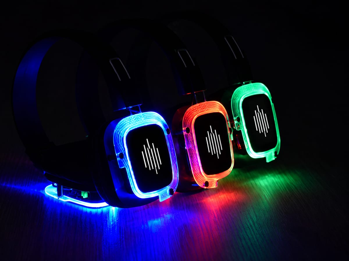 Drie koptelefoons in het donker. Elk licht op in zijn eigen kleur.